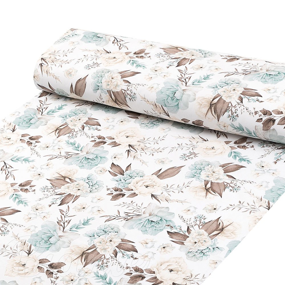 Bavlněná látka/plátno Sandra SA-451 Žluto-hnědo-mintové růže na bílém - šířka 160 cm - detail 1 - Biante.cz