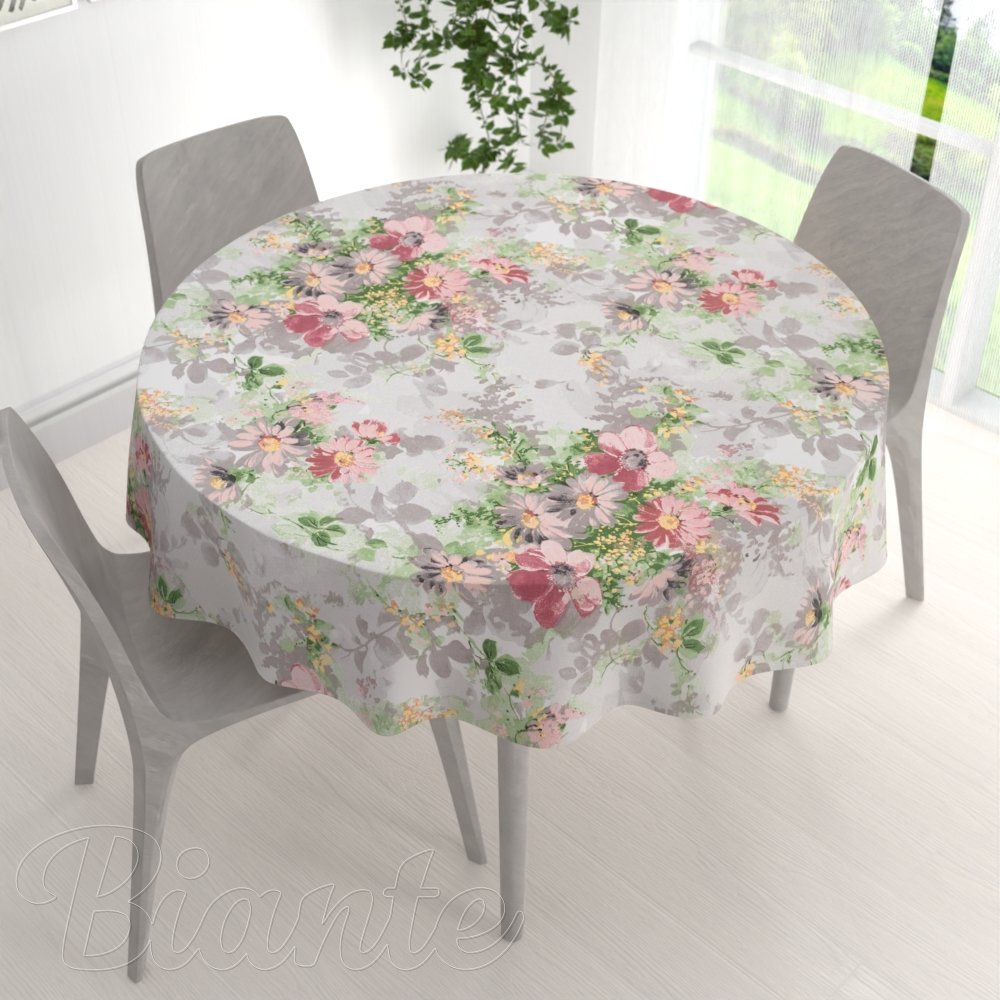 Bavlněný kulatý ubrus Sandra SA-704 Malované růžovo-červené květy na šedém - detail 1 - Biante.cz