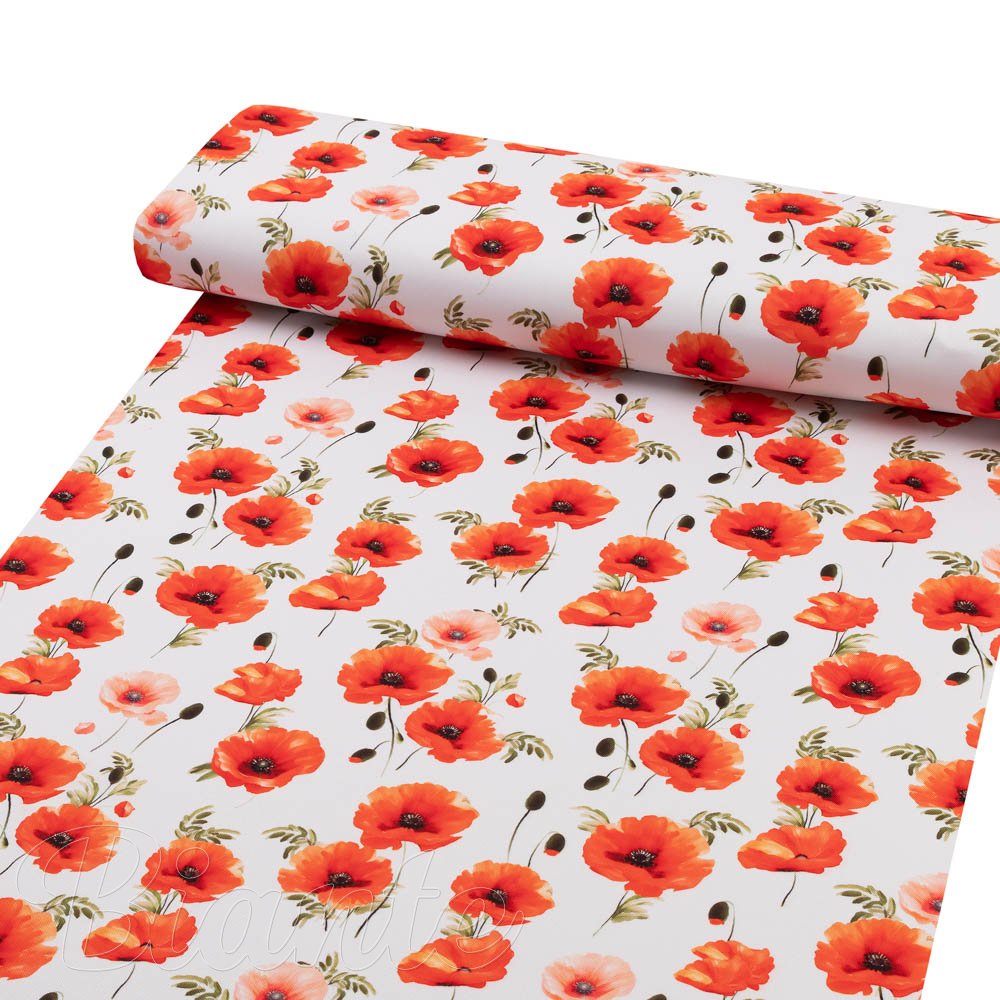 Teflonová látka na ubrusy TF-133 Červenooranžové vlčí máky na bílém - šířka 145 cm - detail 1 - Biante.cz